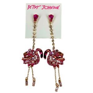 Betsey Johnson Flamingo Rhinestone Pearl Long Drop Earrings NWT